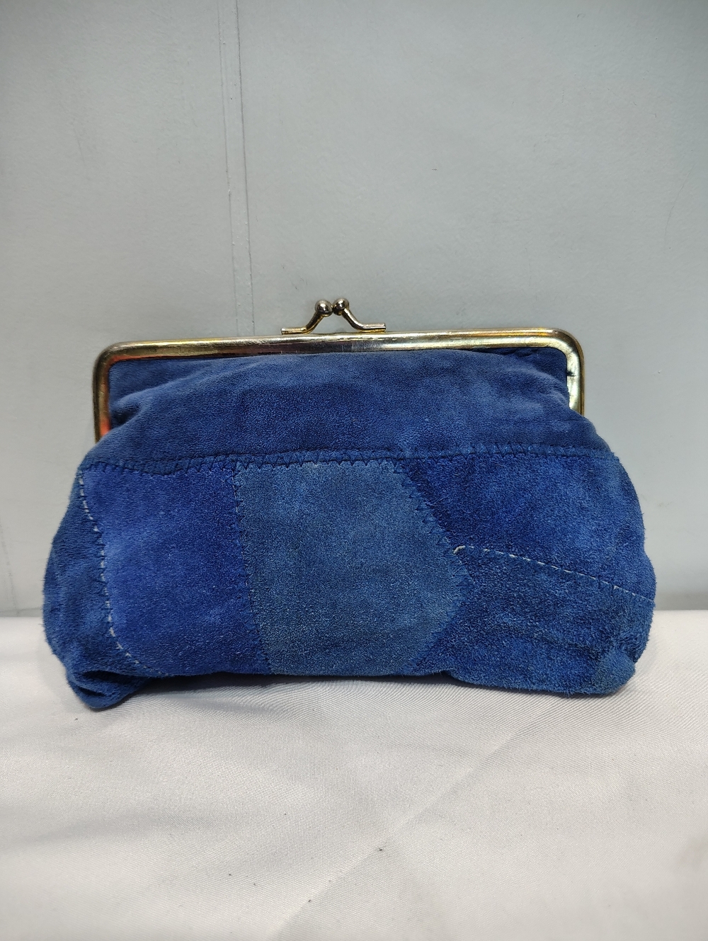 Patchwork Kiss Lock Clutch Boho Coin Purse Blue Frame Pouch